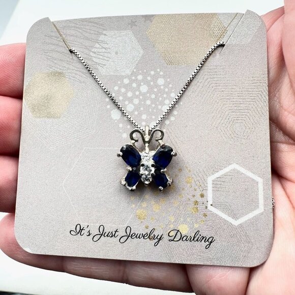 Womans Necklace Sterling Silver Blue Clear Cubic Zirconia Butterfly Gift Idea - Picture 3 of 3